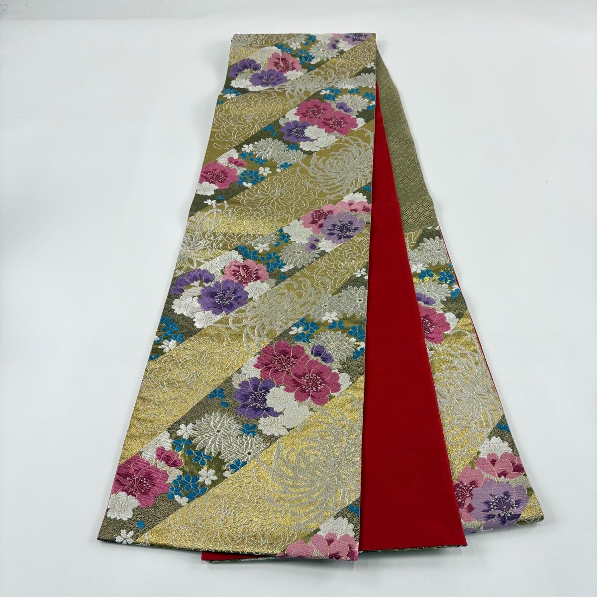 袋帯 美品 秀品 振袖向き 桜 菊 金銀糸 箔 金色 六通 正絹 【中古