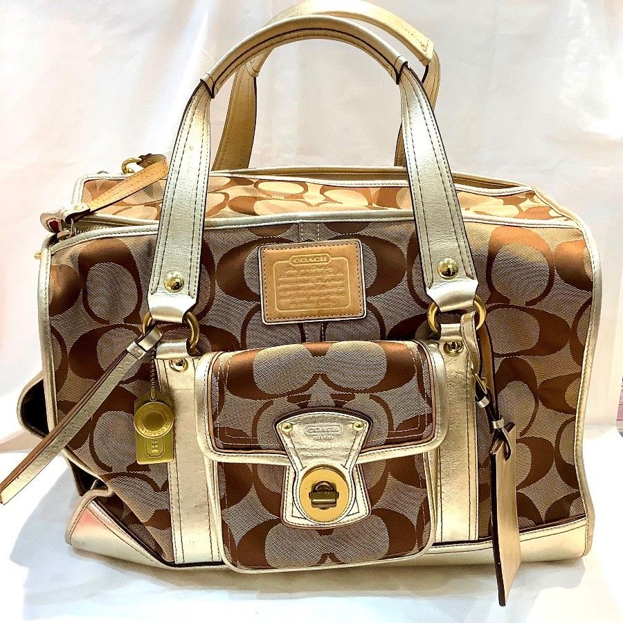 ジャンク販売 コーチ COACH シグネチャーキャンバペット用キャリーバッグ60094 型崩れ 擦れ傷多い 臭い 汚れあり 60094 ブラウン×ゴールド KB-9550