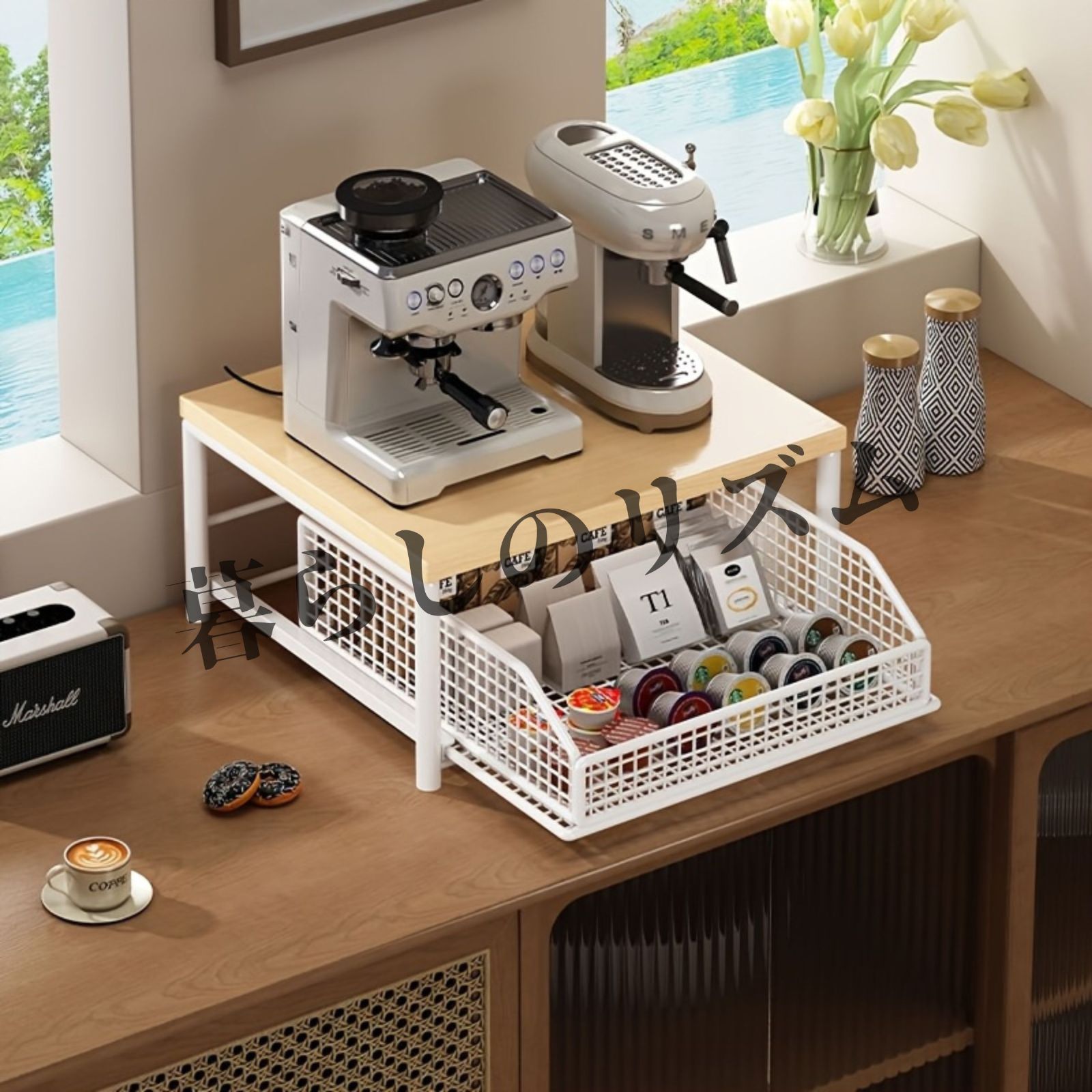 調味料ラック 省スペース 引き出し式キッチンオーガナイザー マルチティアカウンタートップ収納棚 電子レンジ トースターオーブン アエアフライヤー コーヒーメーカー マグ 頑丈な金属フレーム 簡単組立 整理デザイン キッチン収納ラック ブラック ホワイト