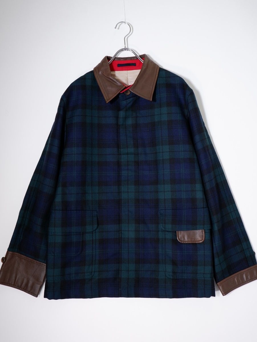 Paul Smith Collectionポールスミス コレクション レザー切替 ブラックウォッチ ウールチェックハーフコート ジャケット L MCTA79514