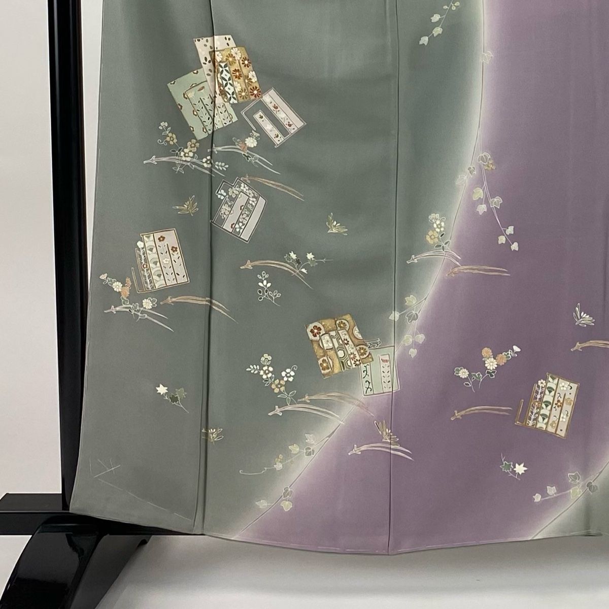 訪問着 身丈159.5cm 裄丈69cm L 袷 源氏香 松葉 金糸 金彩 灰緑 正絹 秀品