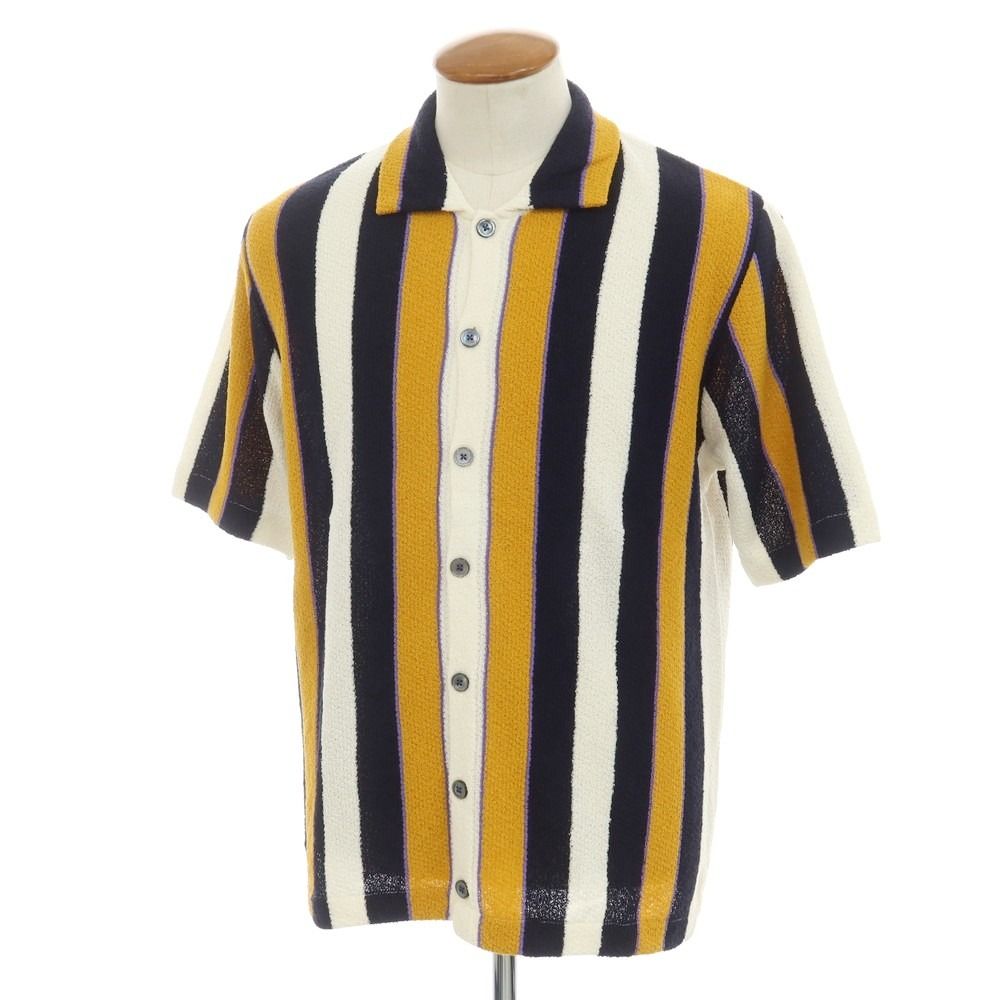 【新品】ガリア GALLIA コットンナイロン ストライプ 襟付き 半袖 ニット カーディガン オレンジ系xダークネイビー【サイズ48】【メンズ】