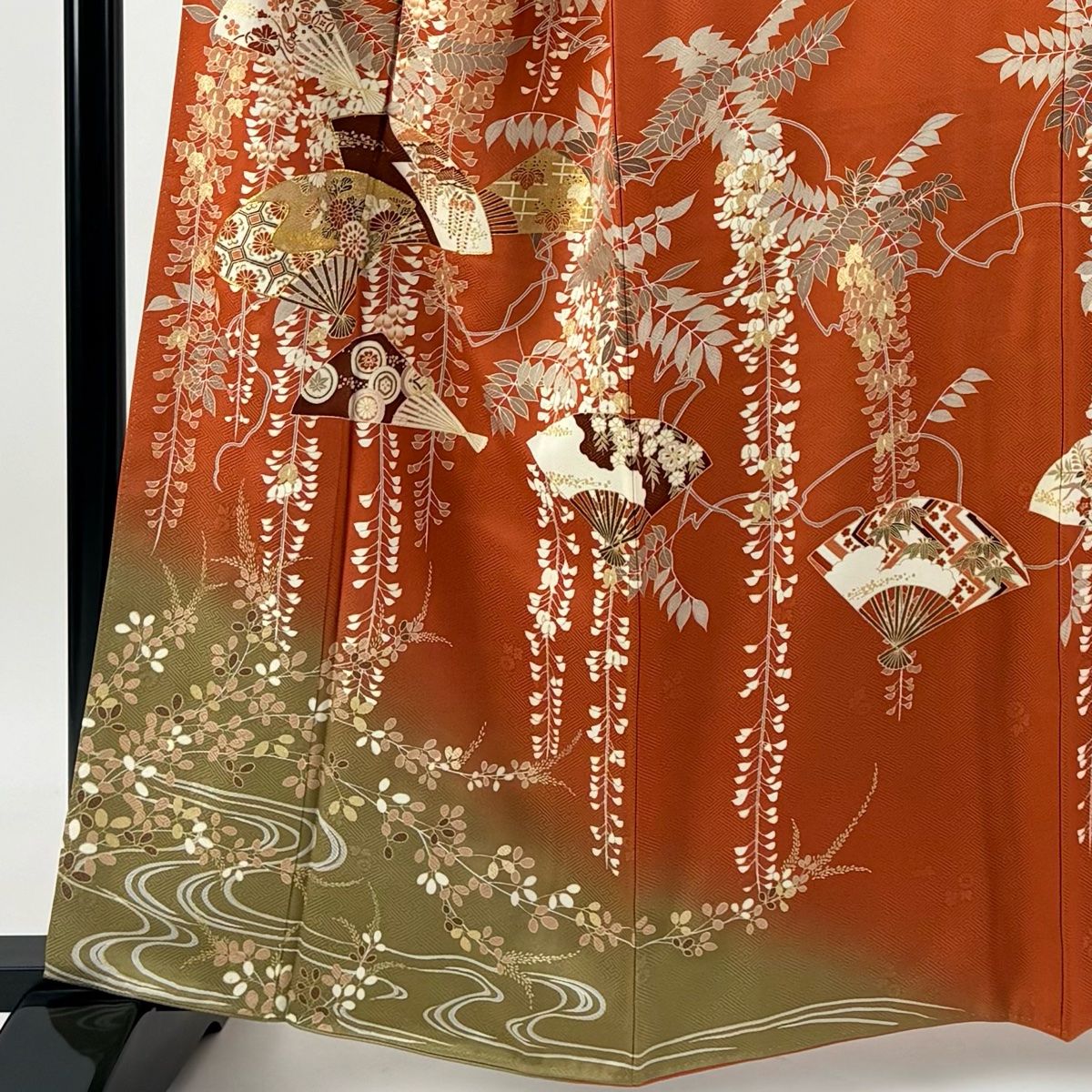 訪問着 身丈160.5cm 裄丈66cm M 袷 扇 藤 金糸 金彩 オレンジ 正絹 秀品