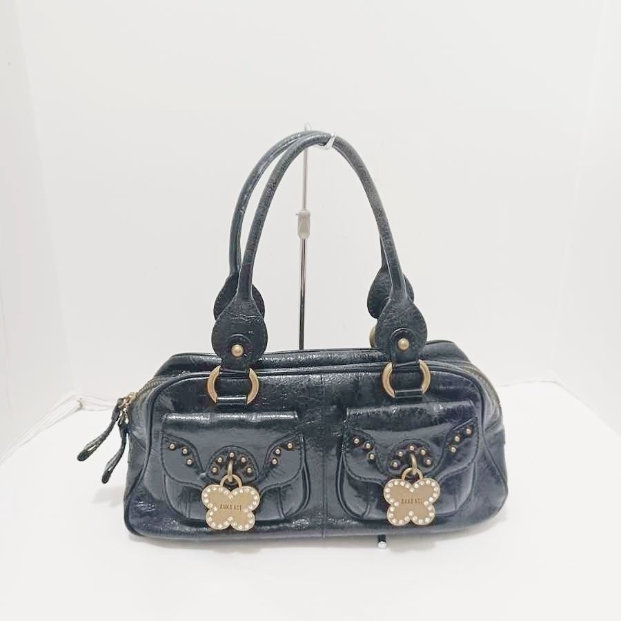 ANNA SUI アナスイ　ハンド　バッグ　エナメル　蝶　型押し　ブラック　黒 ANNA SUI アナスイ ハンド バッグ エナメル 蝶 型押し ブラック