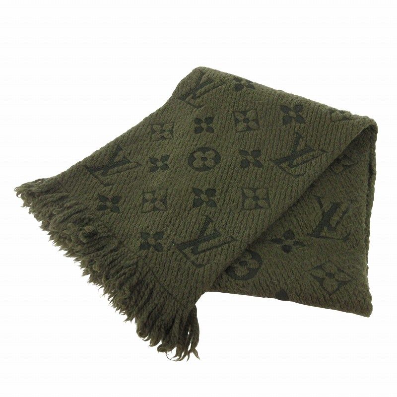 ルイヴィトン LOUIS VUITTON モノグラム エシャルプ ロゴマニア マフラー ストール フリンジ ウール シルク混 413287 緑 グリーン 小物