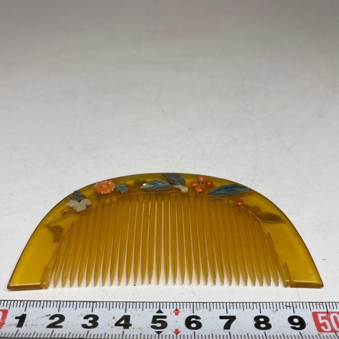 本白鼈甲 珊瑚 螺鈿象嵌 櫛 笄 ケース付 重さ32g 東H5-0909