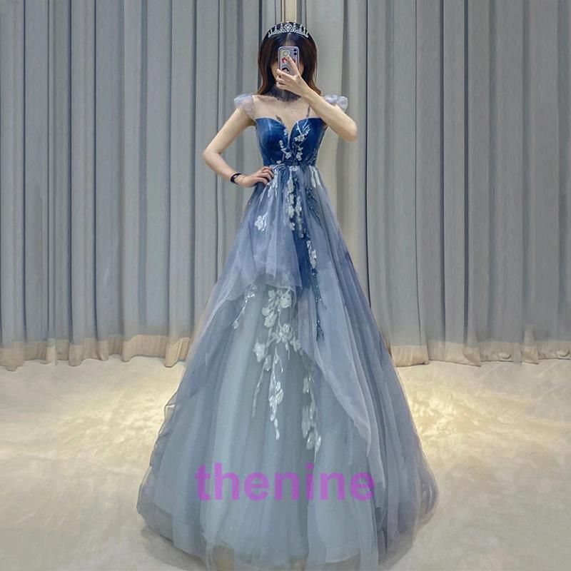 カラードレス 演奏会 ブルー ロングドレス プリンセスライン