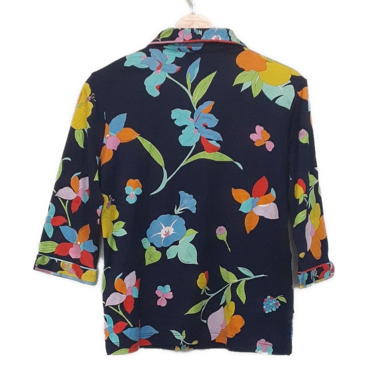 LEONARD SPORT レオナールスポーツ 七分袖ポロシャツ サイズ40 M レディース - ネイビー×ライトブルー×マルチ 花柄