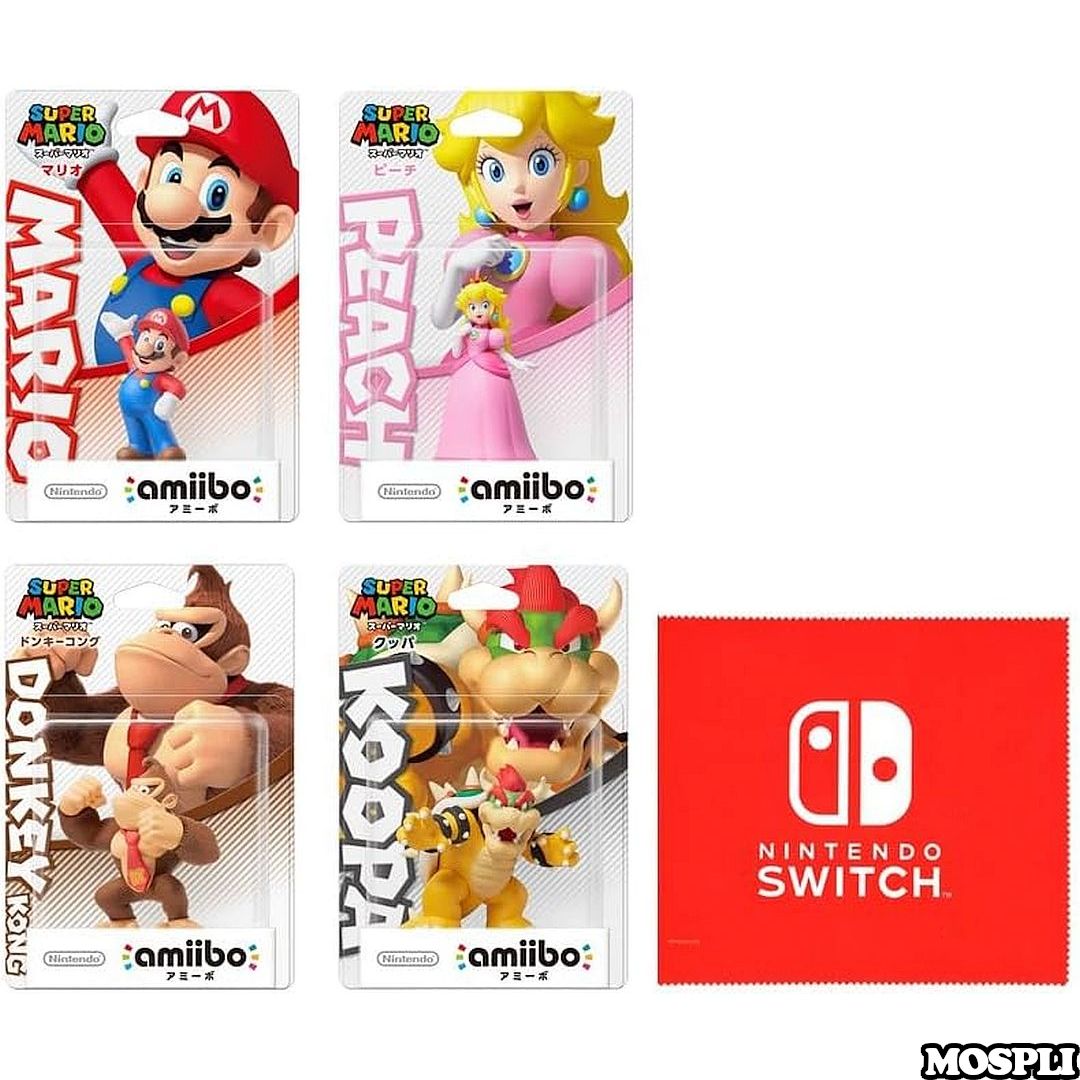 未開封正規品 amiibo スーパーマリオシリーズ 4種セット マリオ ピーチ クッパ ドンキーコング Nintendo Switch ロゴデザイン マイクロファイバークロス 同梱 Nintendo