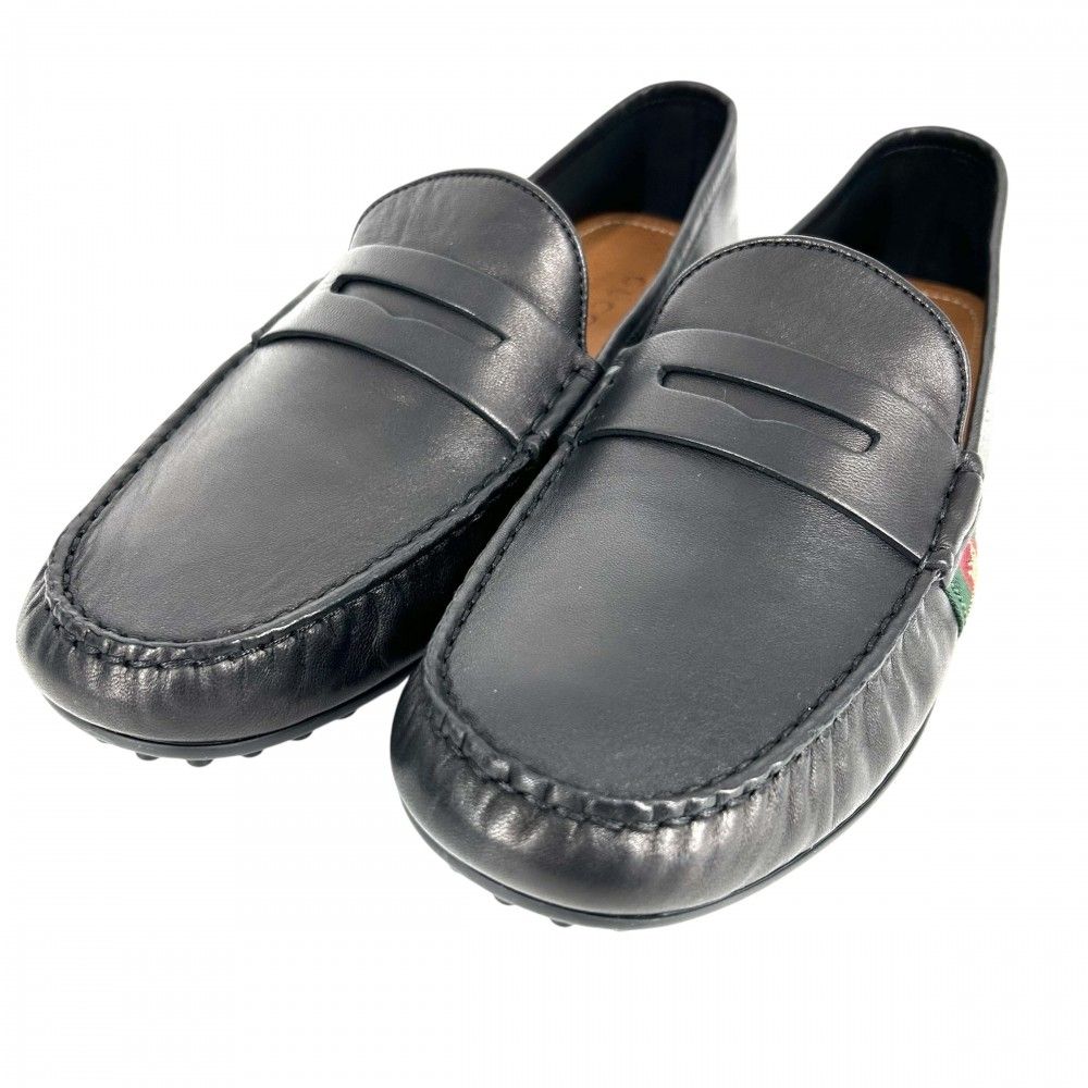 グッチ ローファー メンズ ドライビングシューズ シェリーライン ビー 蜂 革靴 8 1/2サイズ GUCCI 363835 レザー    ブラック 黒 美品【中古品】