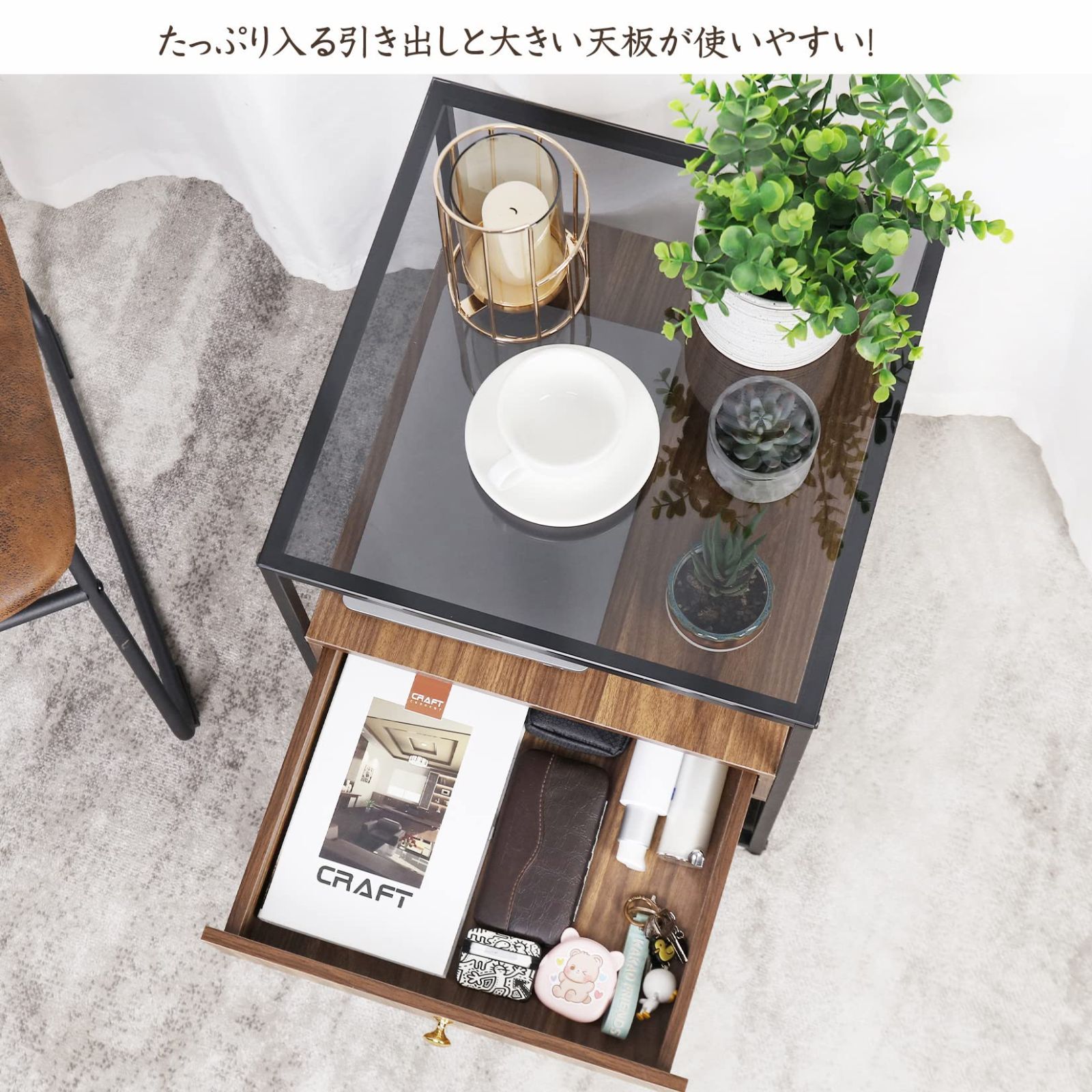 人気商品】サイドテーブル ナイトテーブル 引き出し ガラス