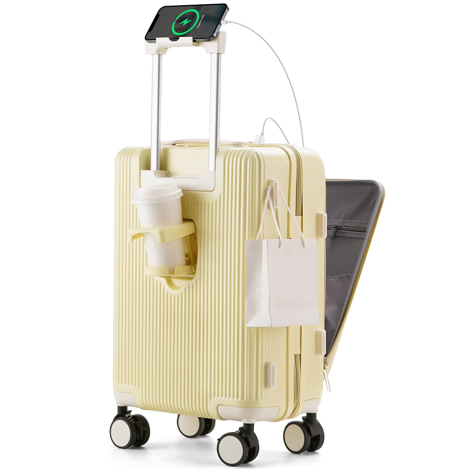 前開き スーツケース 機内持ち込み キャリーケース パソコン収納ポケット USBポート付き カップホルダー付き キャリーケース 超軽量 360度回転 耐衝撃 ック 静音 旅行 ビジネス 出張 1泊2泊3泊 イエロー