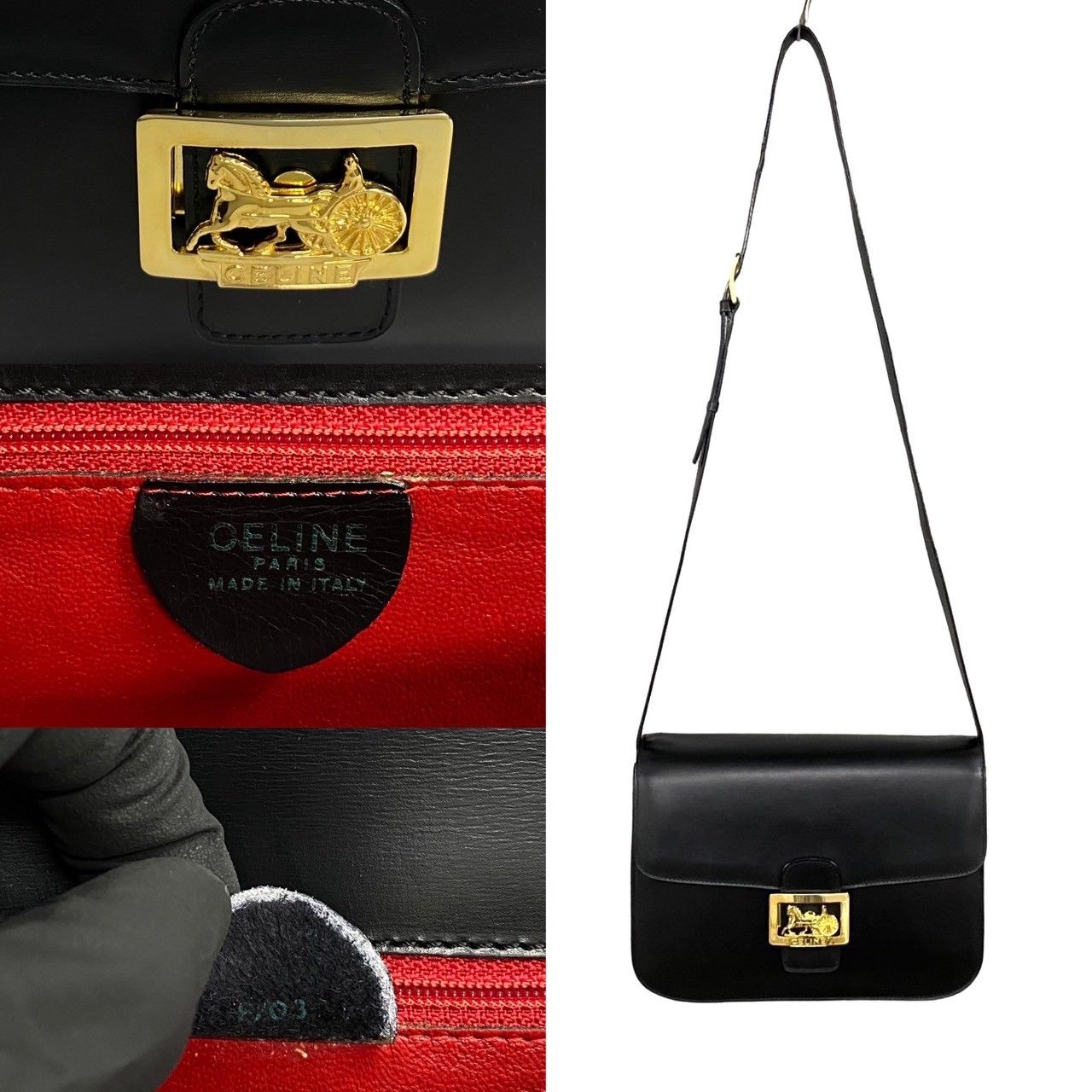 ほぼ未使用 袋付 CELINE セリーヌ 馬車金具 ロゴ カーフレザー 本革