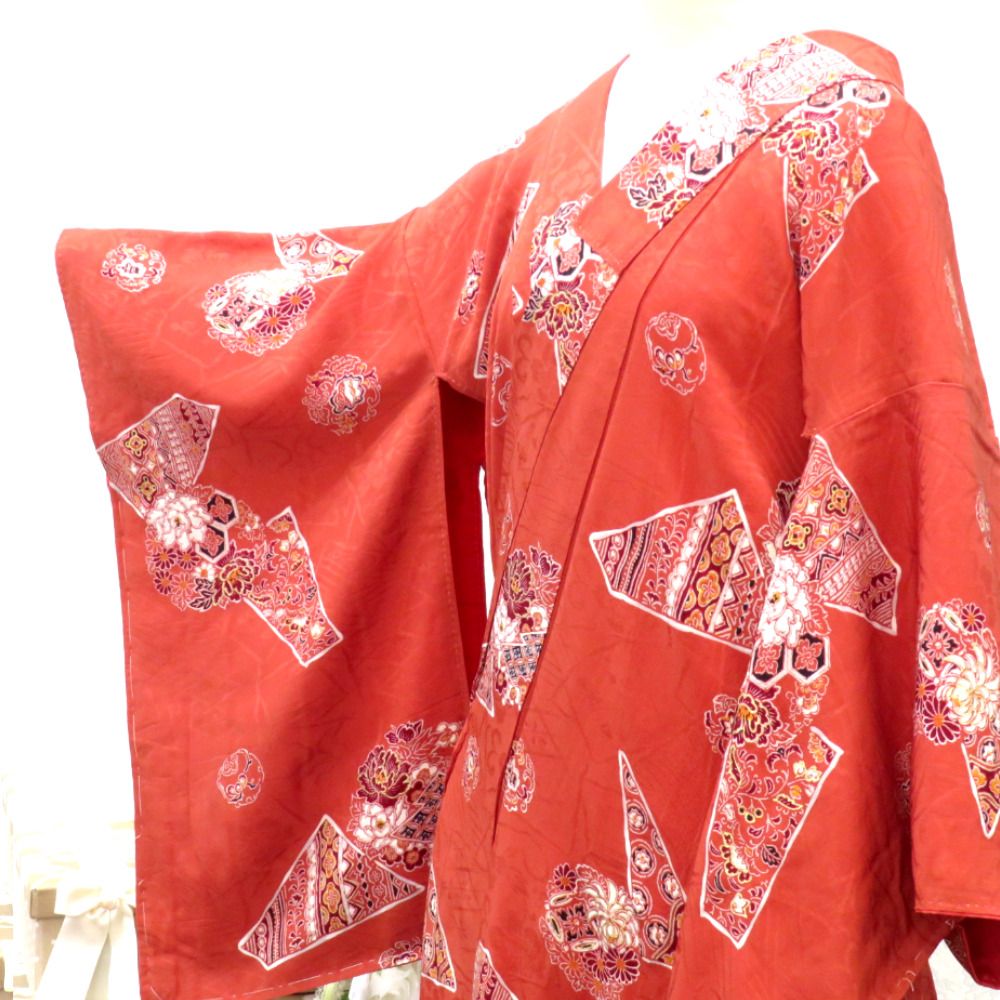 アンティーク 袷 茶 白 赤 黒 金 花 地模様入 バチ衿 正絹 レトロ 明治