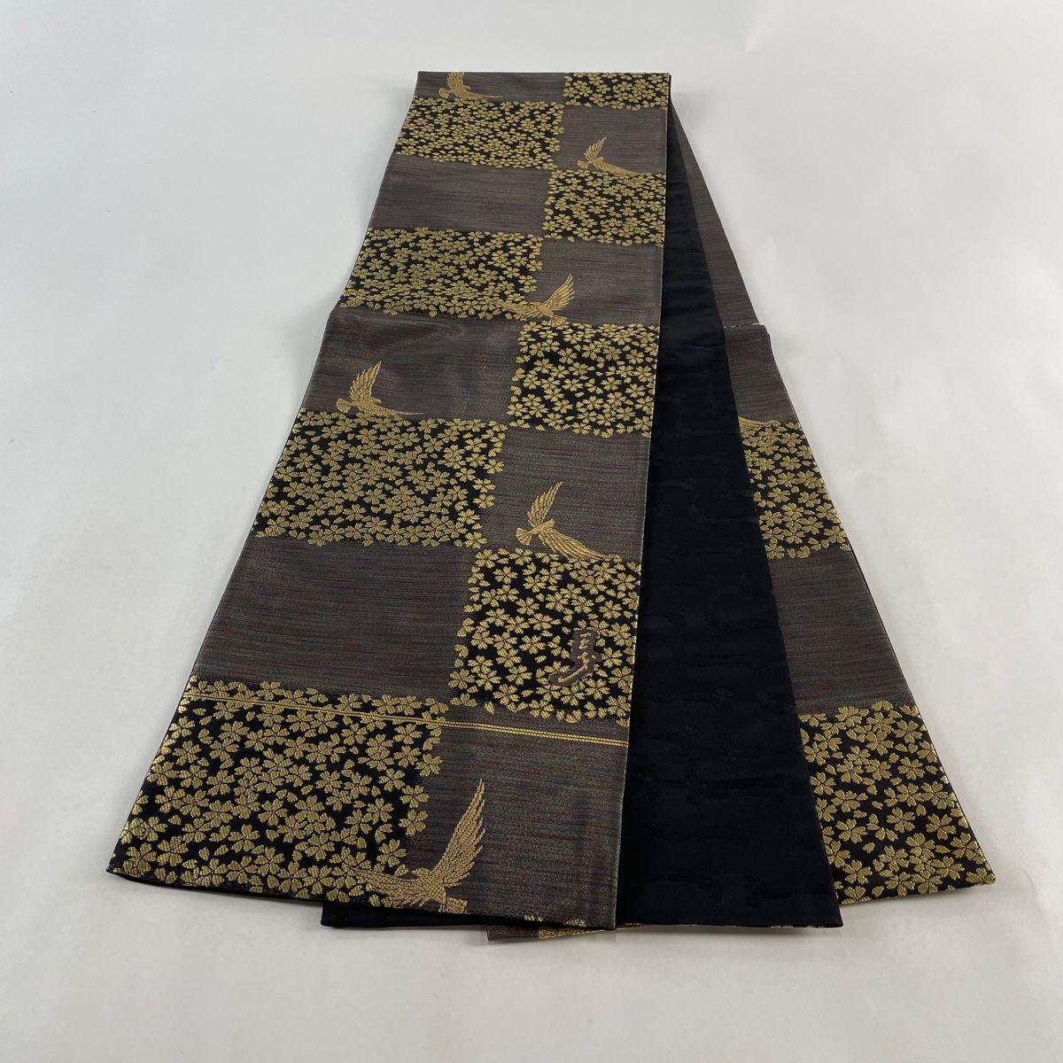 袋帯 美品 名品 斉藤三才 落款 桜 鳥 金糸 ラメ糸 灰紫 六通 正絹  