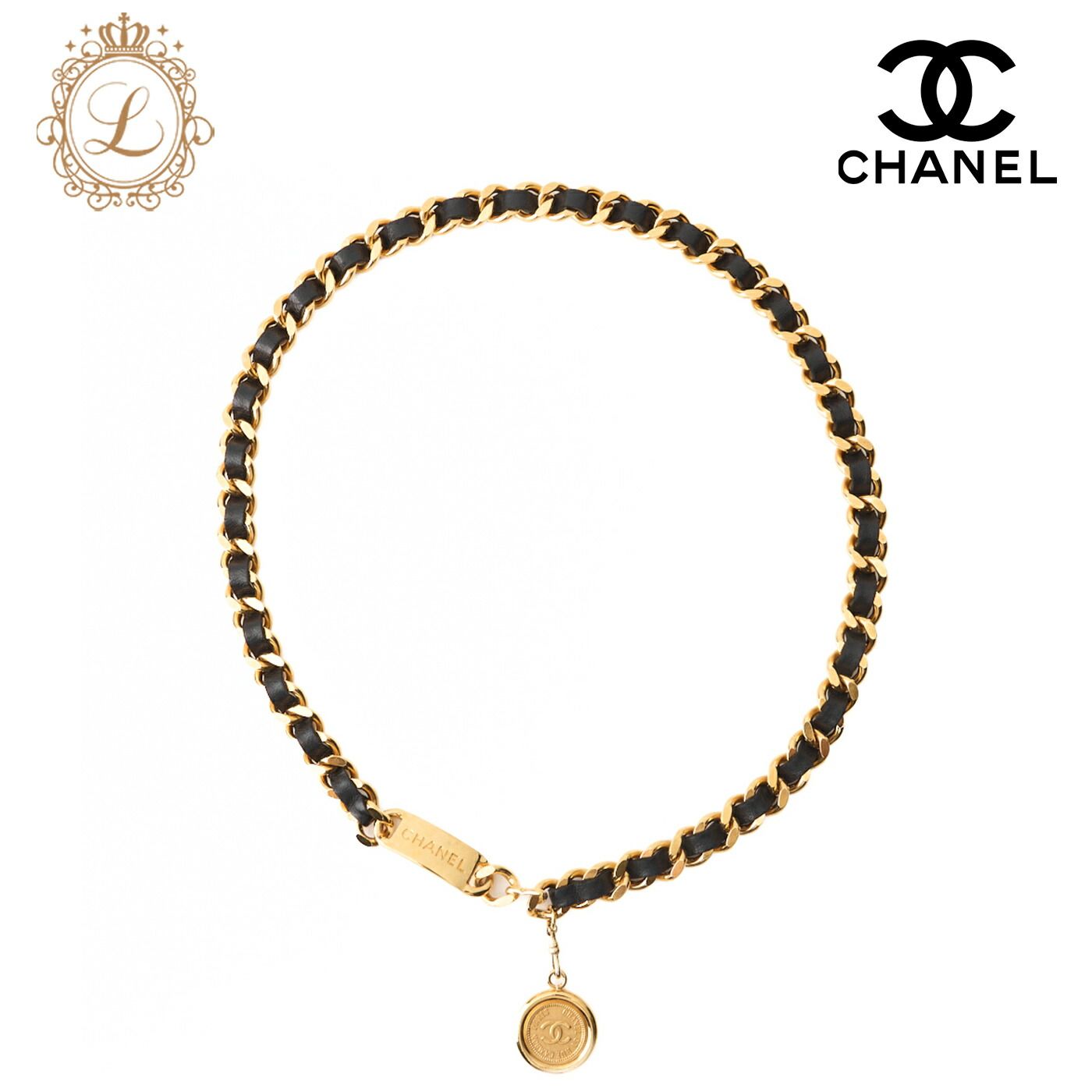 CHANEL シャネル ココマーク コインチャーム チェーンベルト GP×革 黒 