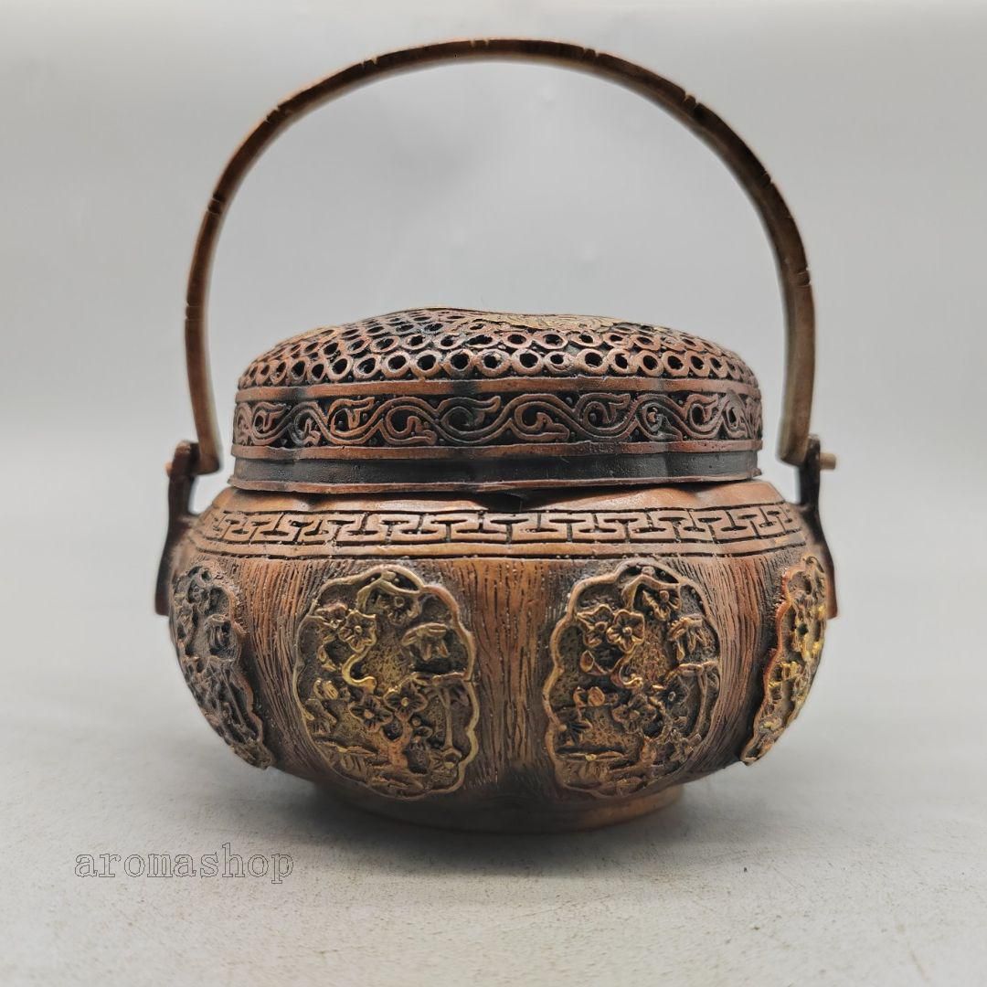 銅器 浮彫二仙香薫炉 手提げ暖手炉 香炉 香道具 装飾品 工芸品 置物