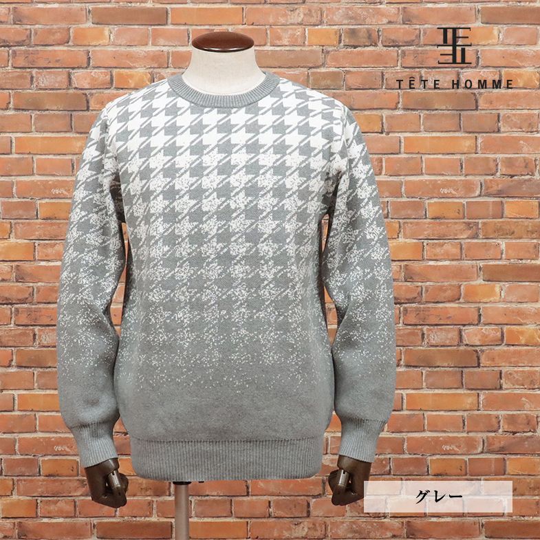 秋冬/TETE HOMME/Lサイズ/ジャガード ニット 千鳥格子 レトロ プレッピー クルーネック 新品/グレー/ja138/