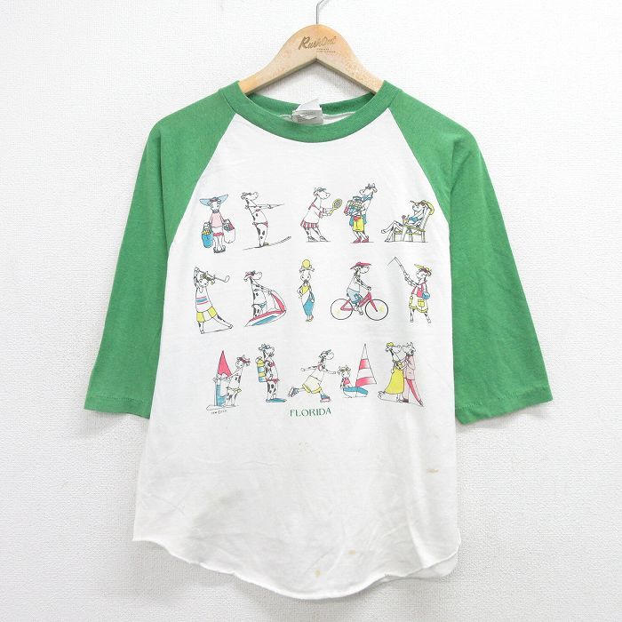 L/古着 7分袖 ビンテージ Tシャツ メンズ 90s 牛 ラグラン クルーネック 白他 ホワイト 24mar16 中古 7分丈 七分丈 七分袖