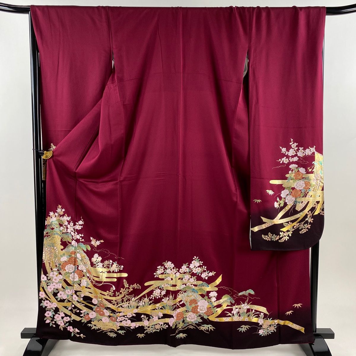 振袖 身丈165cm 裄丈68cm L 袷 桧扇 草花 金銀彩 えんじ色 正絹 秀品