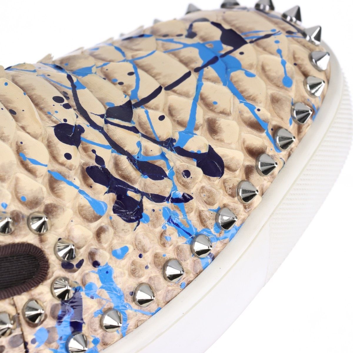  Christian Louboutin クリスチャンルブタン PIK BOAT ピックボート スパイクスタッズ パイソン レザー スリッポン メンズ 40 ベージュ ペイント MADE IN EU スリッポン 靴