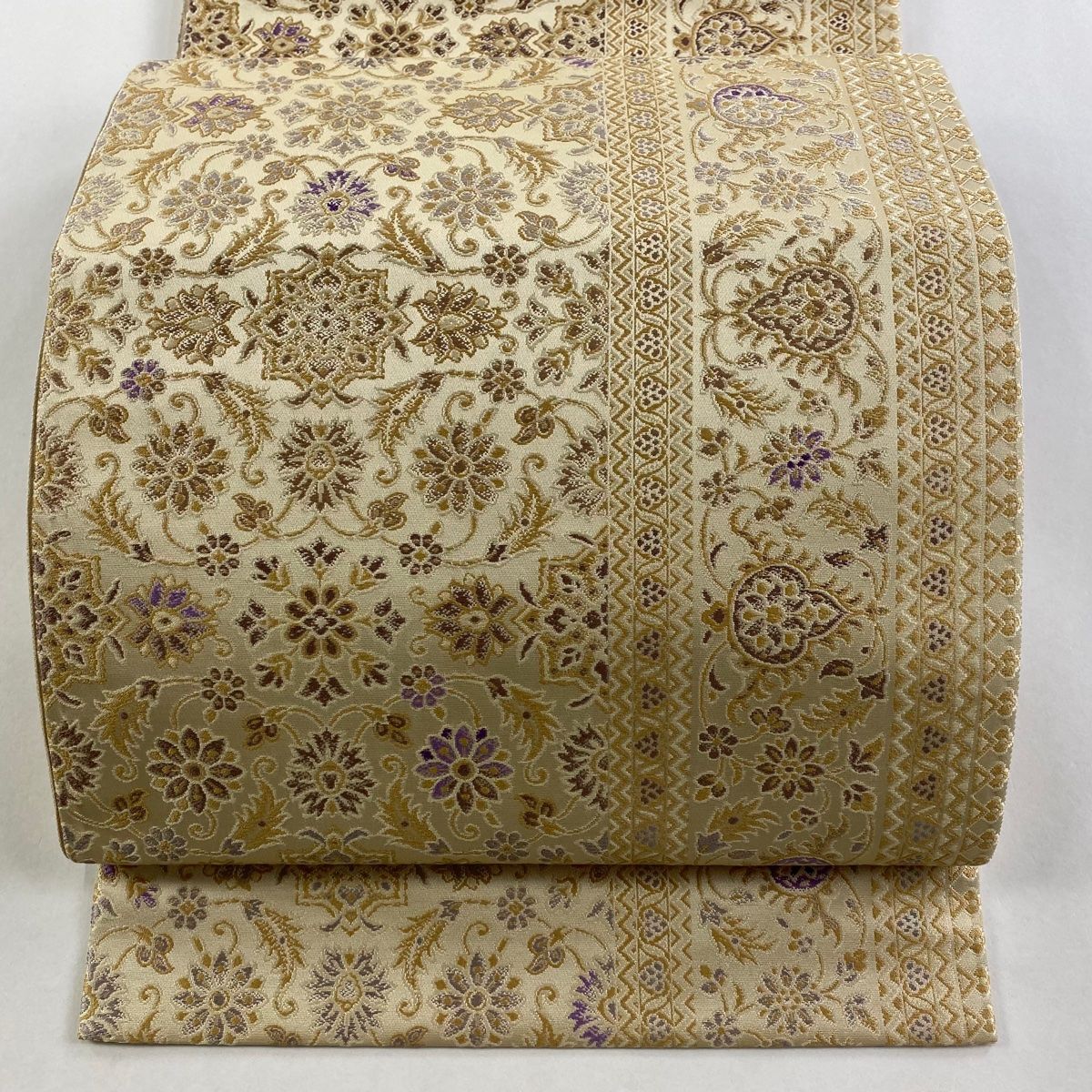 袋帯 箔屋清兵衛 落款 西陣織 花唐草 幾何学模様 ベージュ 六通 正絹