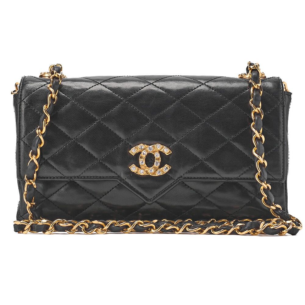 CHANEL シャネル チェーンショルダーバッグ マトラッセ ラムスキン ラインストン プッシュロック 黒 ゴールド金具 レディースバッグ ブランド 送料無料