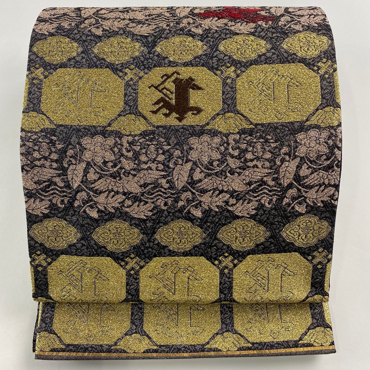A26 美品　袋帯　綴れ　花草 袋帯 美品 名品 関西仕立て 四季しまつづれ 草花 有栖川 箔 墨色