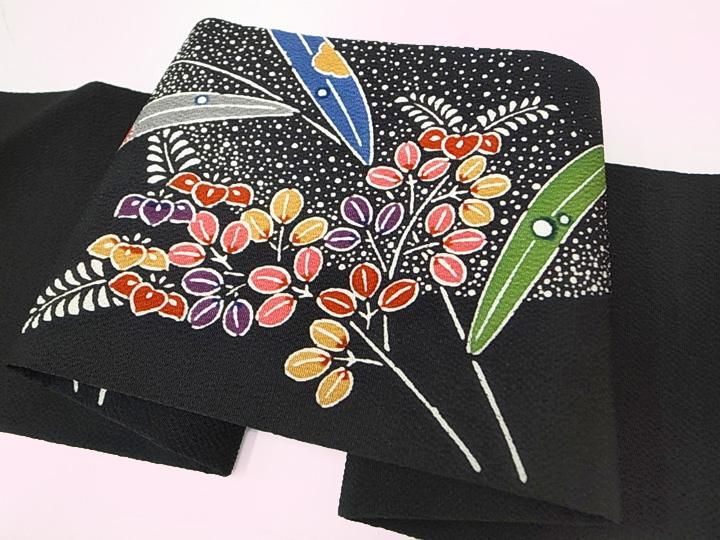 栗山吉三郎　名古屋帯　ちりめん　正絹 楽天市場】名古屋帯 九寸帯 栗山吉三郎工房 和染紅型 葡萄蔓 更紗 正絹