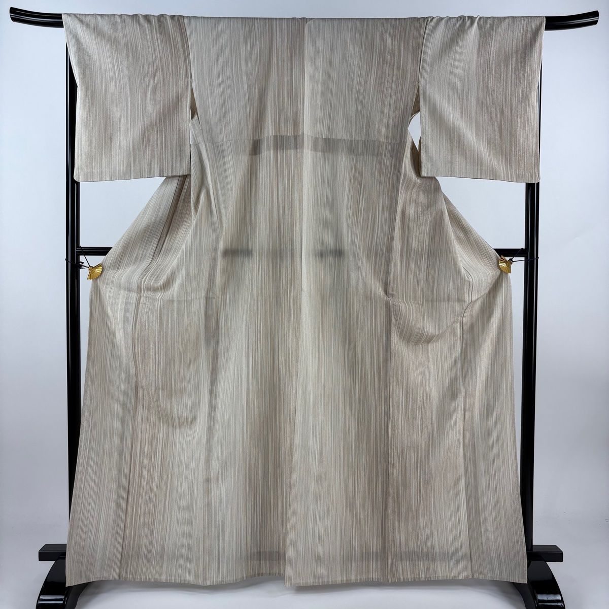 お召 身丈166.5cm 裄丈68.5cm L 単衣 本塩沢 証紙 縦縞 薄茶色 正絹