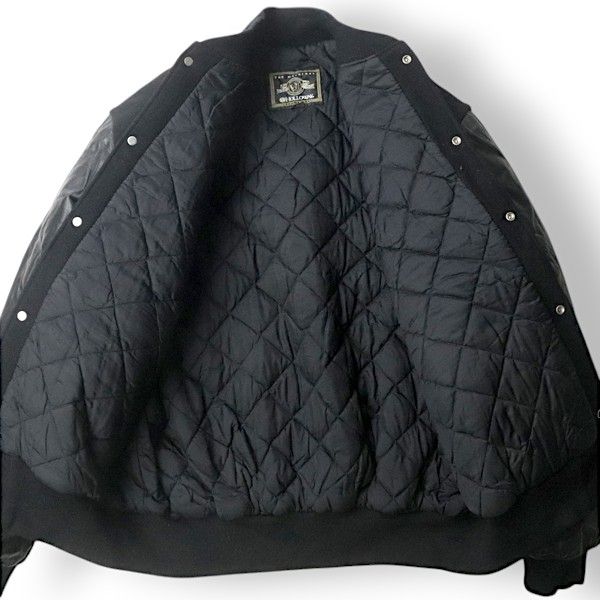 ヴィンテージ 袖革ウールスタジャン 刺繍ロゴ 黒 レザー ジップアップ S