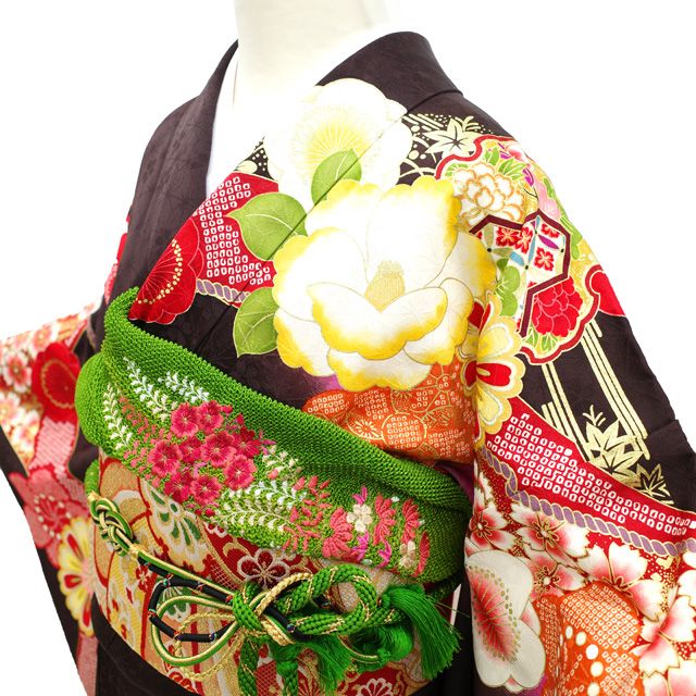中古】 振袖 リサイクル 着物 袷 正絹 ダークチョコレート