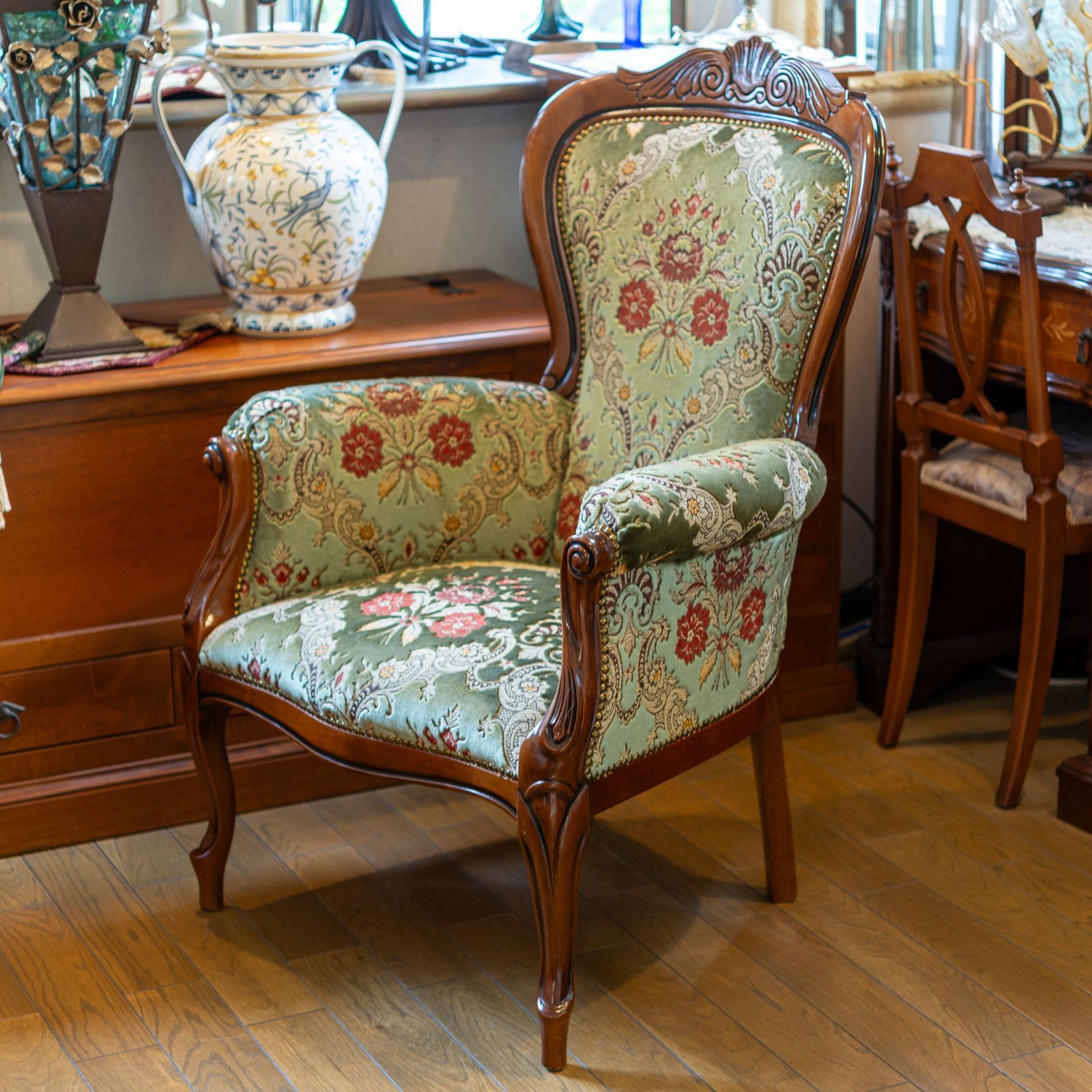 イタリア製 金華山 木製 ハイバック アームチェアー グリーン