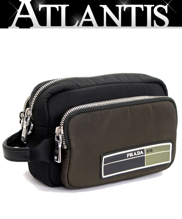 プラダ PRADA ラバーロゴ クラッチバッグ マルチポケット ナイロン 黒×ミリタリーグリーン 【69346】