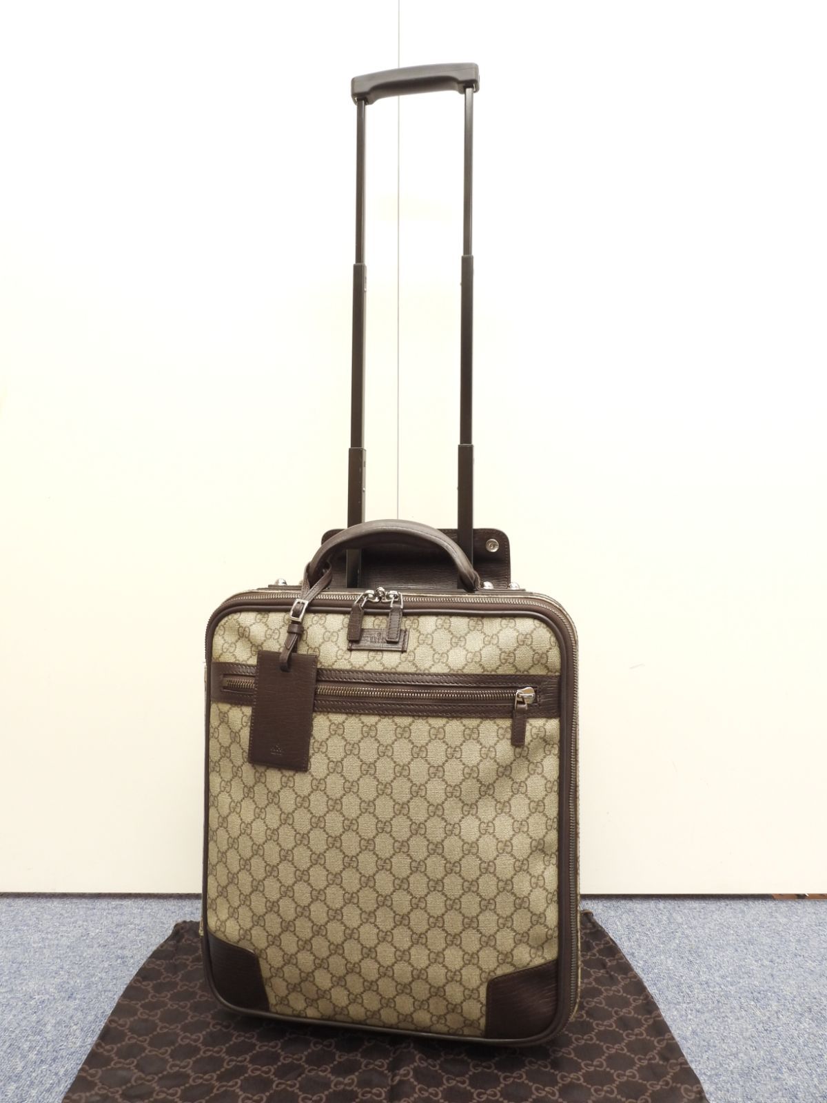 グッチ キャリーバッグ オールドGGウェブ グレー茶革 旅行用トロリーバッグ 1