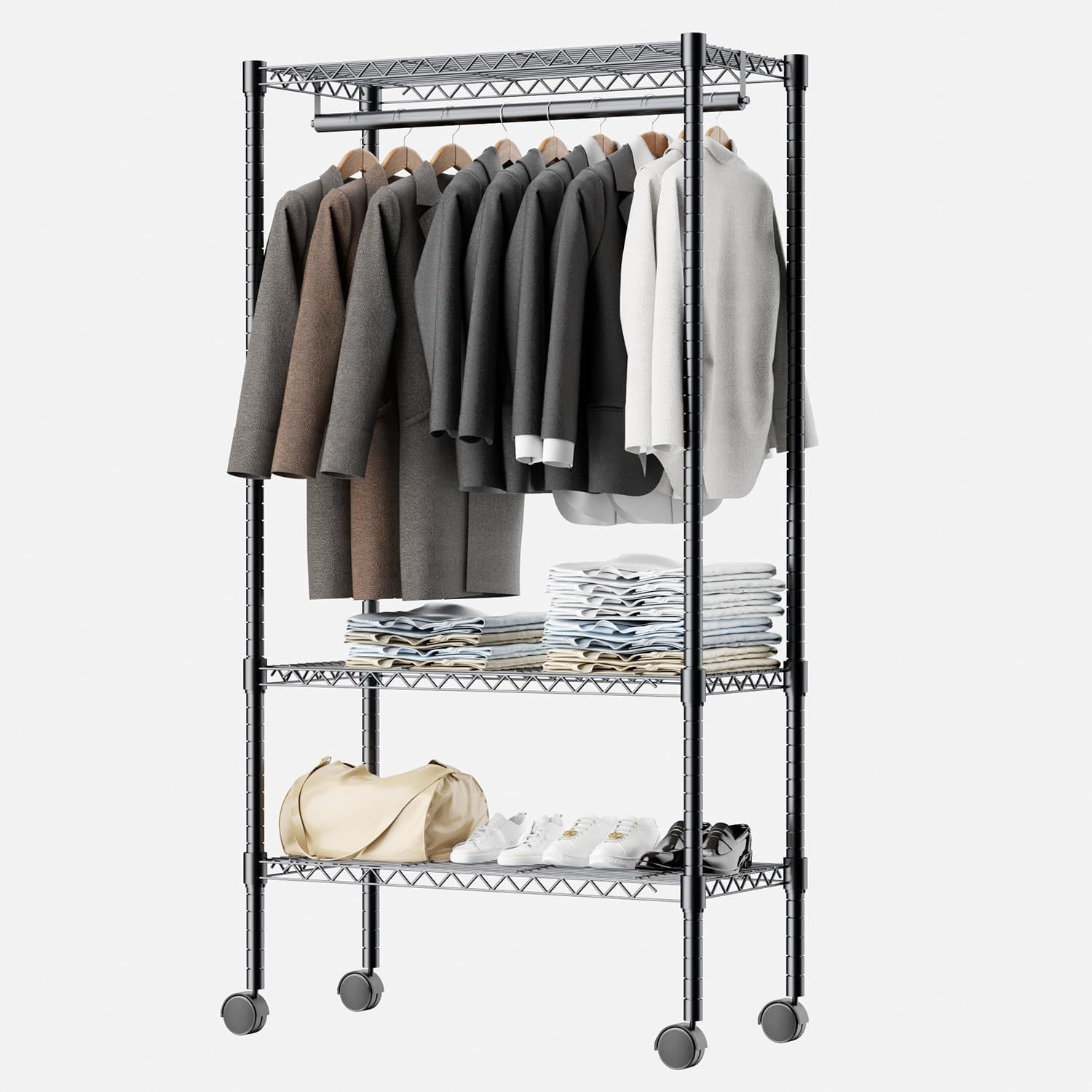 ワードローブ クローゼット ハンガーラック 衣類収納用 メタル製 スチールラック 幅91×奥46×高さ182cm 3段 ポール径25mm メタルシェルフ 耐荷重300KG キャスター付 黒