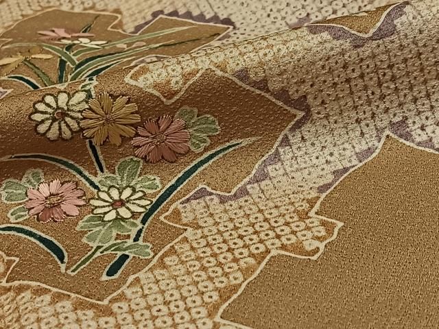 平和屋着物▽本塩沢 単衣 110亀甲 花唐草文 正絹 逸品 DAAV3016du