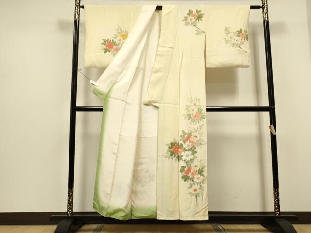 平和屋着物○訪問着 単衣 紬地 草花文 暈し染め 金彩