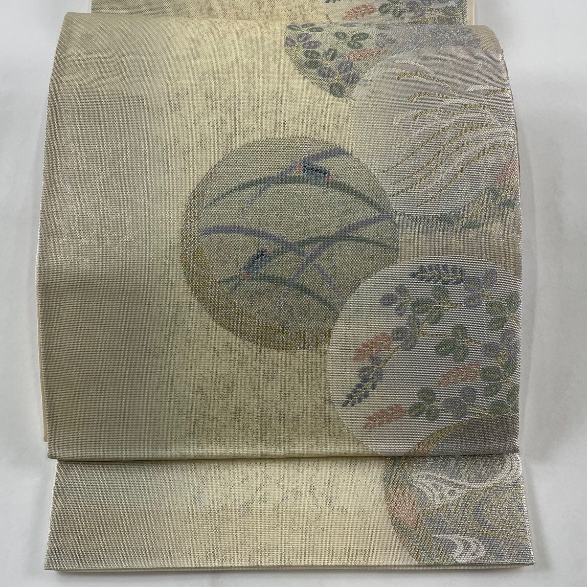 袋帯 秀品 夏帯 丸文 萩 金銀糸 箔 ベージュ 六通 正絹 【中古 