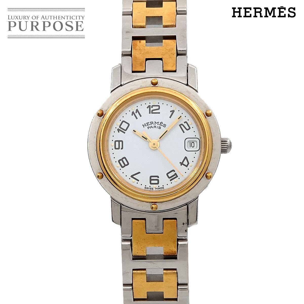 エルメス HERMES クリッパー コンビ CL4 220 レディース 腕時計 デイト ホワイト クォーツ ウォッチ Clipper 90268282