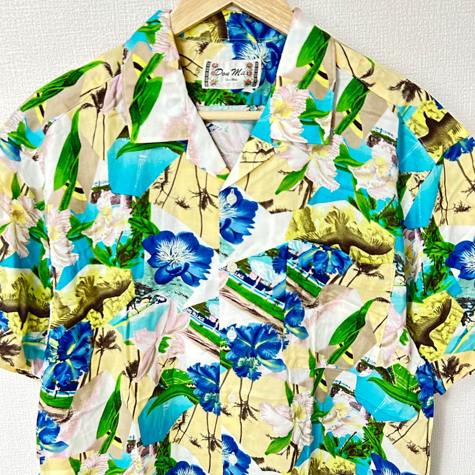 アロハシャツ　半袖シャツ　柄シャツ　ハイビスカス柄　レーヨン　L　紺　ネイビー VANDASH】 ハイビスカス（ボタニカル）柄 アロハシャツ レーヨン