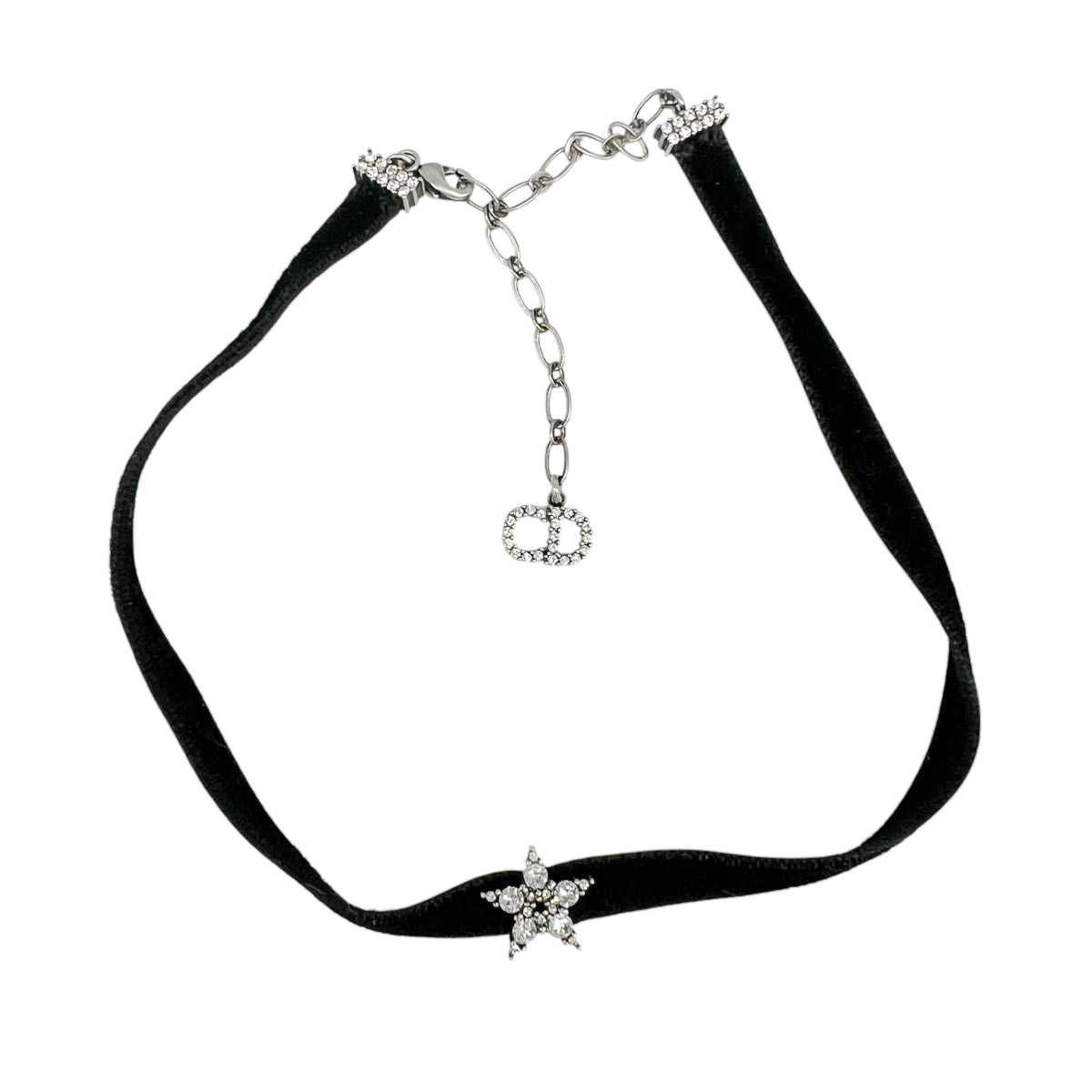 Christian Dior ディオール チョーカー スターモチーフ CD ラインストーン ベロア ヴィンテージ調金具 ブラック シルバー ネックレス コスチュームジュエリー クリスチャンディオール Aランク 鑑定済 ディオールアクセ