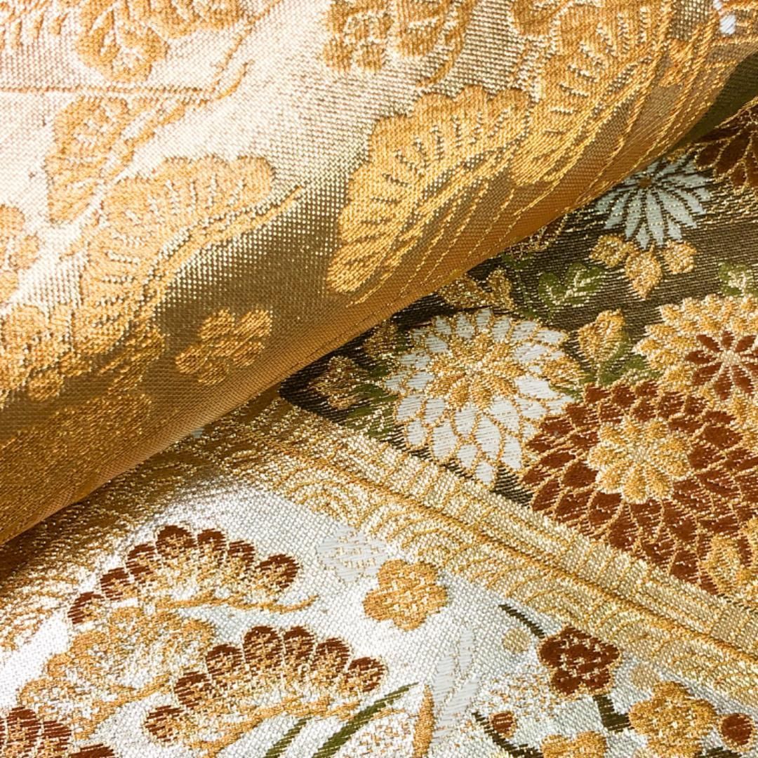 袋帯 菱形に四季の花柄模様 松 鳥 金色 金糸 O-4932 袋帯 菱形に四季の花柄模様 松 鳥 金色 金糸 O-4932 - メルカリ