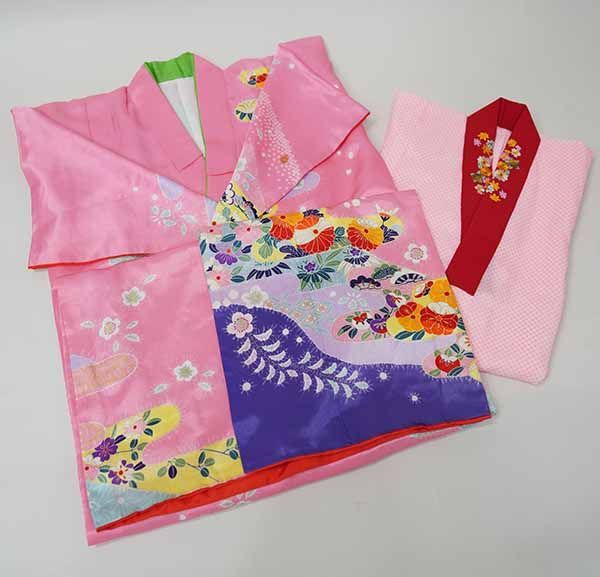 七才女児　着物，長襦袢仕立て上り 　　 　未使用品 七五三 正絹絞り四つ身着物 絞り 刺繍 長襦袢セット 7歳用
