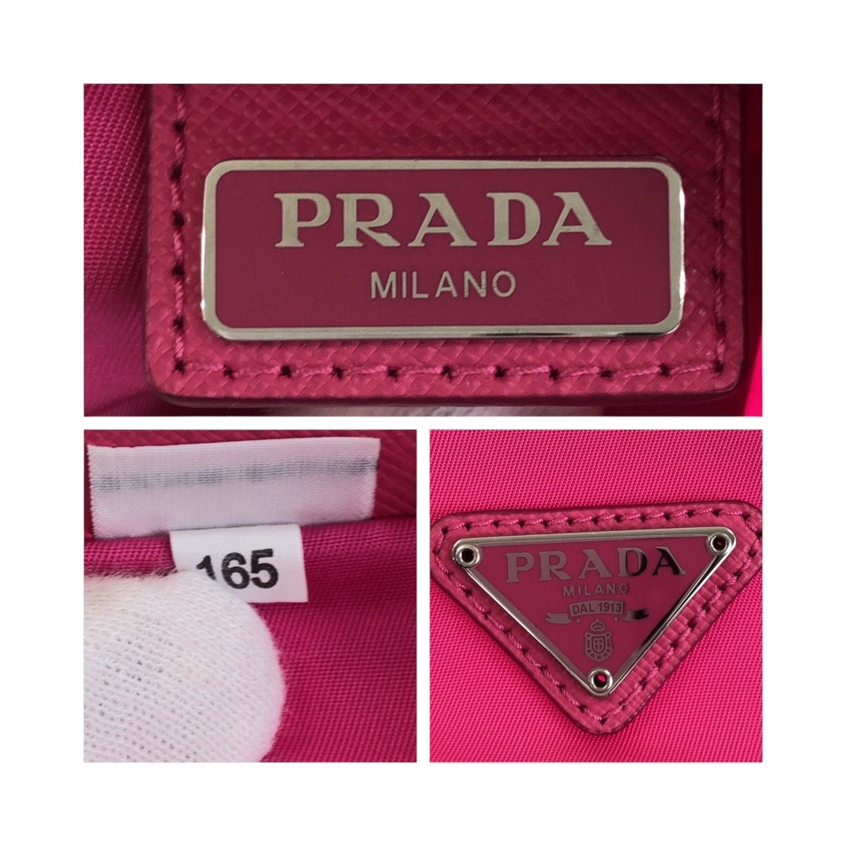 美品 PRADA プラダ 三角ロゴ ピンク シルバー金具 ナイロン 1NE369  
