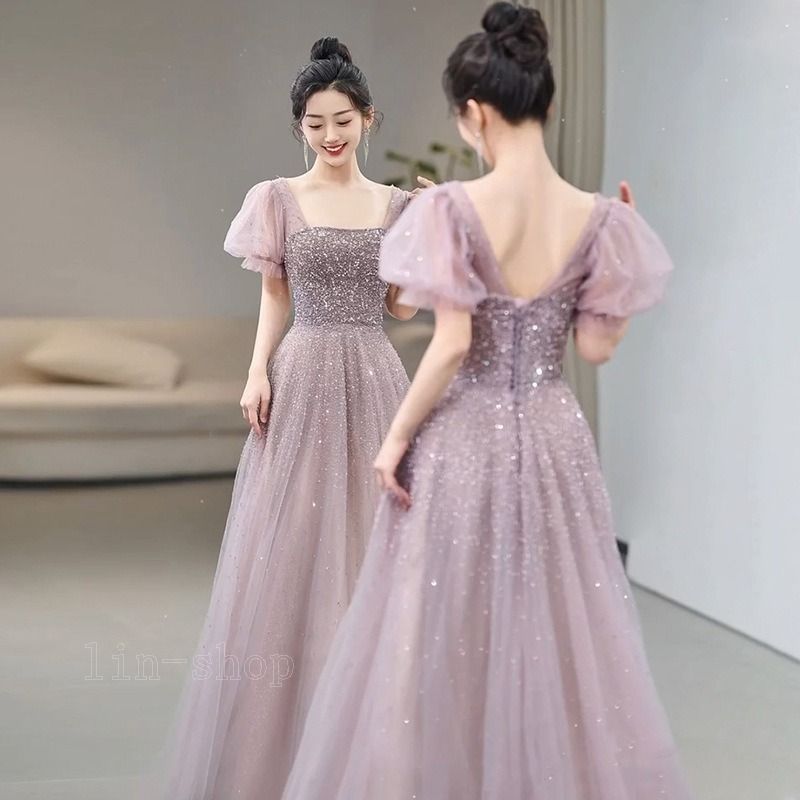 ウエディングドレス Aライン 前撮り 半袖 ドレス ピンク パフスリーブ