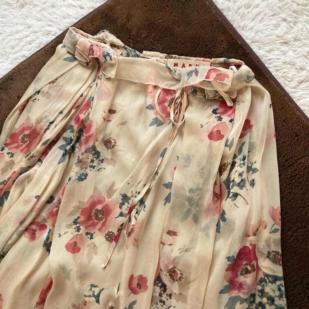 MARNI マルニ イタリア製 フ スカート Aライン 花柄 フラワープリント ひざ丈 シアー シースルー ペチコート付き ベージュ系 36サイズ