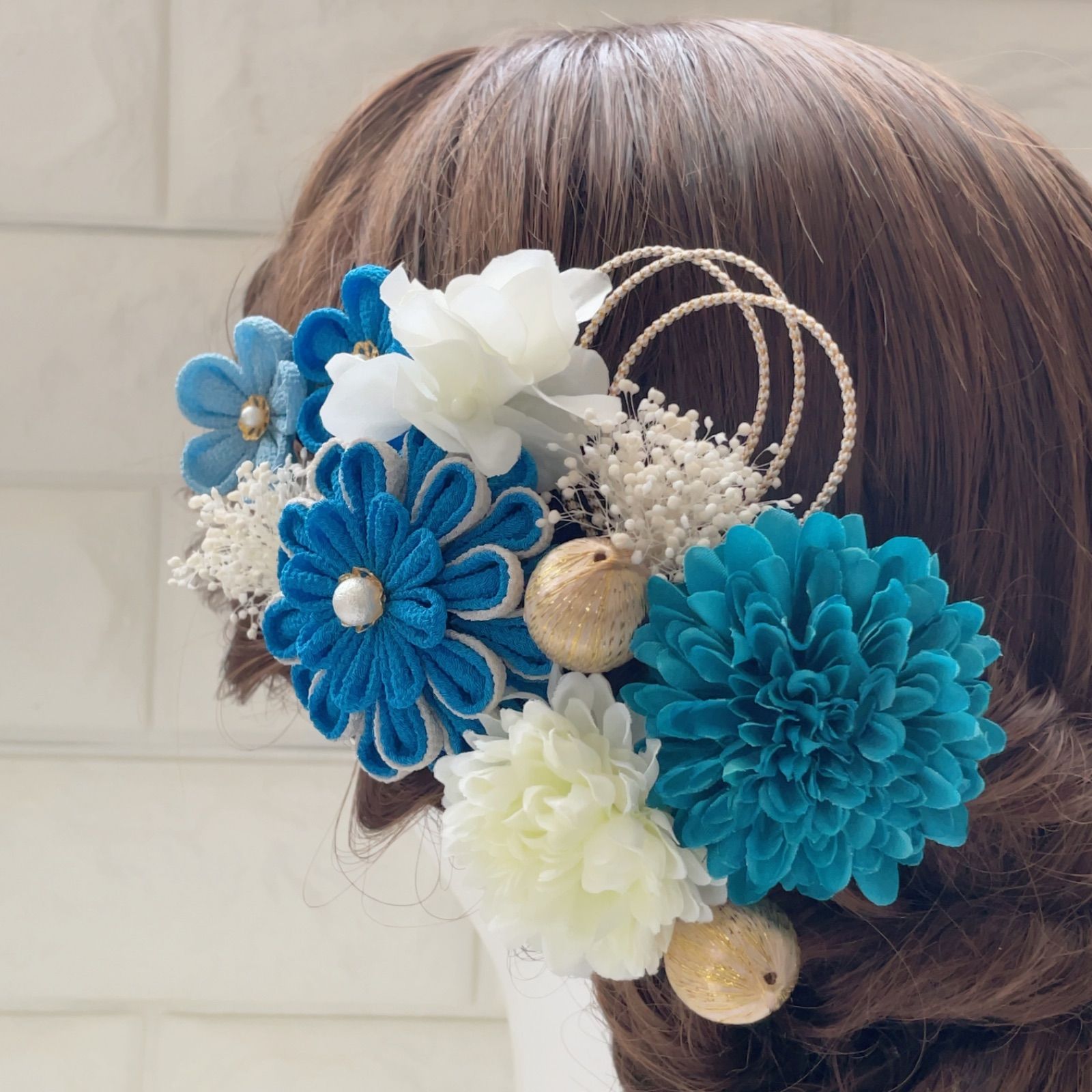 販売 髪飾り 成人式 卒業式 結婚式 ブルー 青 造花 タッセル つまみ
