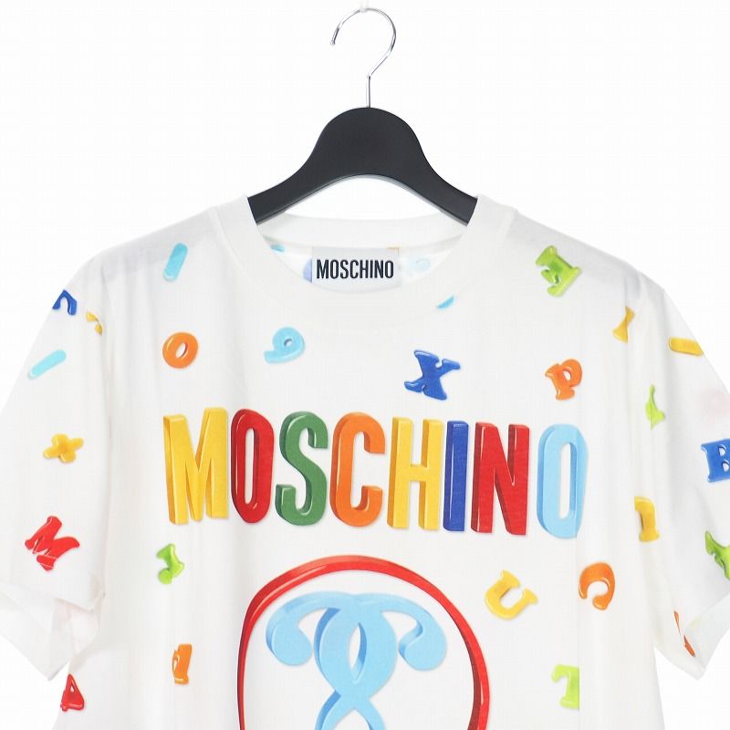 モスキーノ MOSCHINO 20SS ダブルクエスチョン プリント ワンピース Tシャツ カットソー 総柄 40 ホワイト 白 A0445