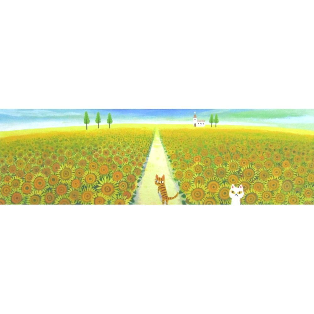 ★ 糸井忠晴『チューリップ畑』ジクレー・風景画　草原　花畑　猫・版画ヨコ515ｘタテ280絵サイズ